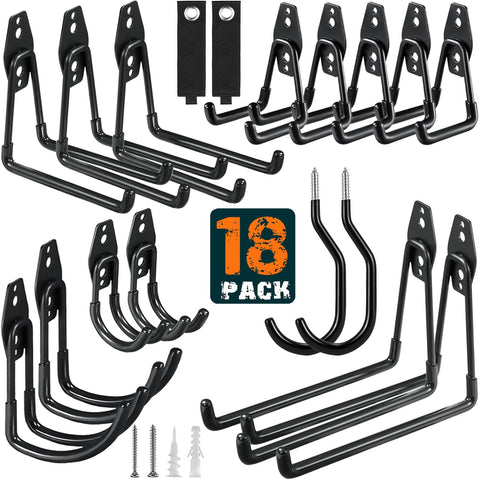 HUPBIPY 18-pack garage hooks with anti-slip coating securely hold tools.