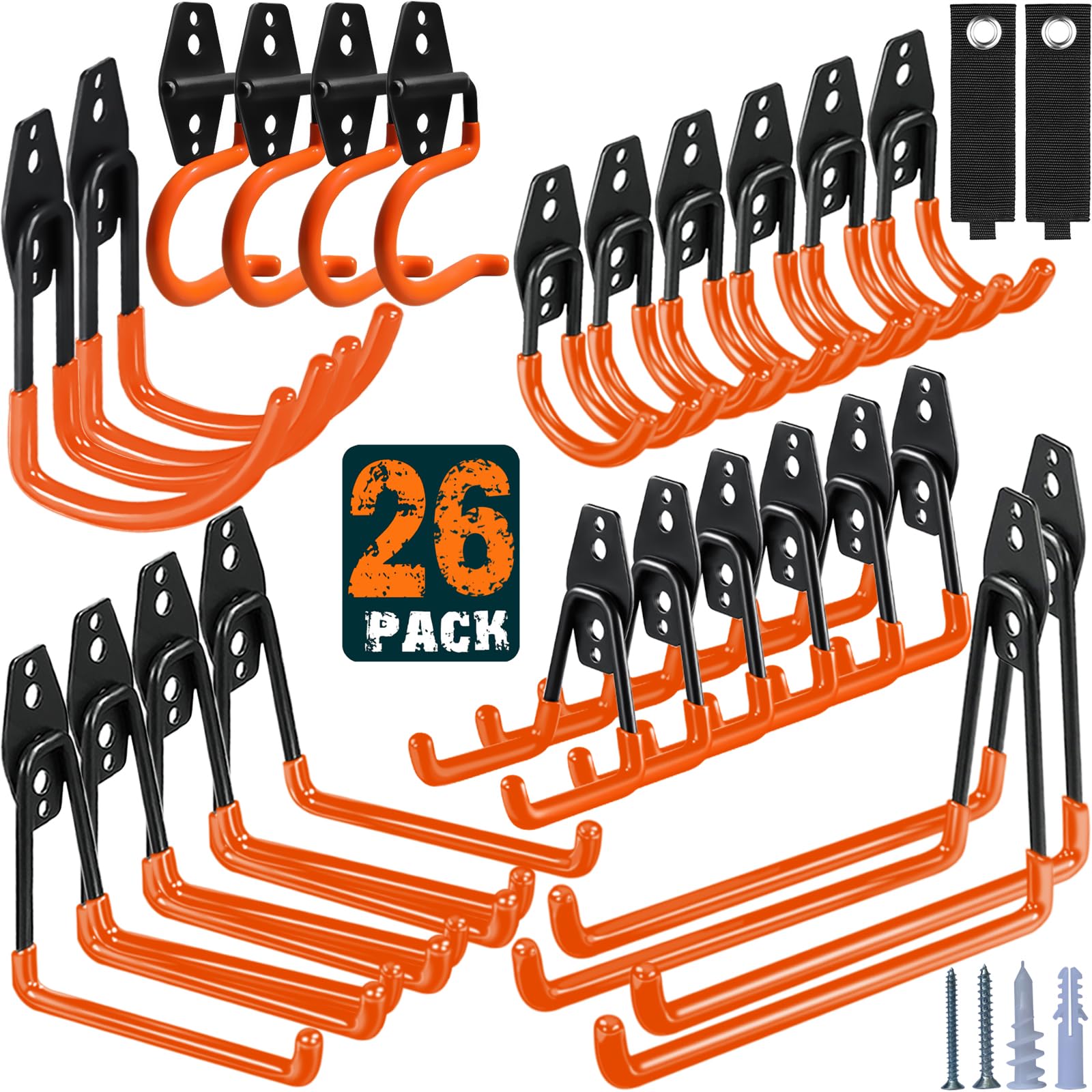 HUPBIPY 26-pack garage hooks in sturdy steel with anti-slip coating for secure hanging.
