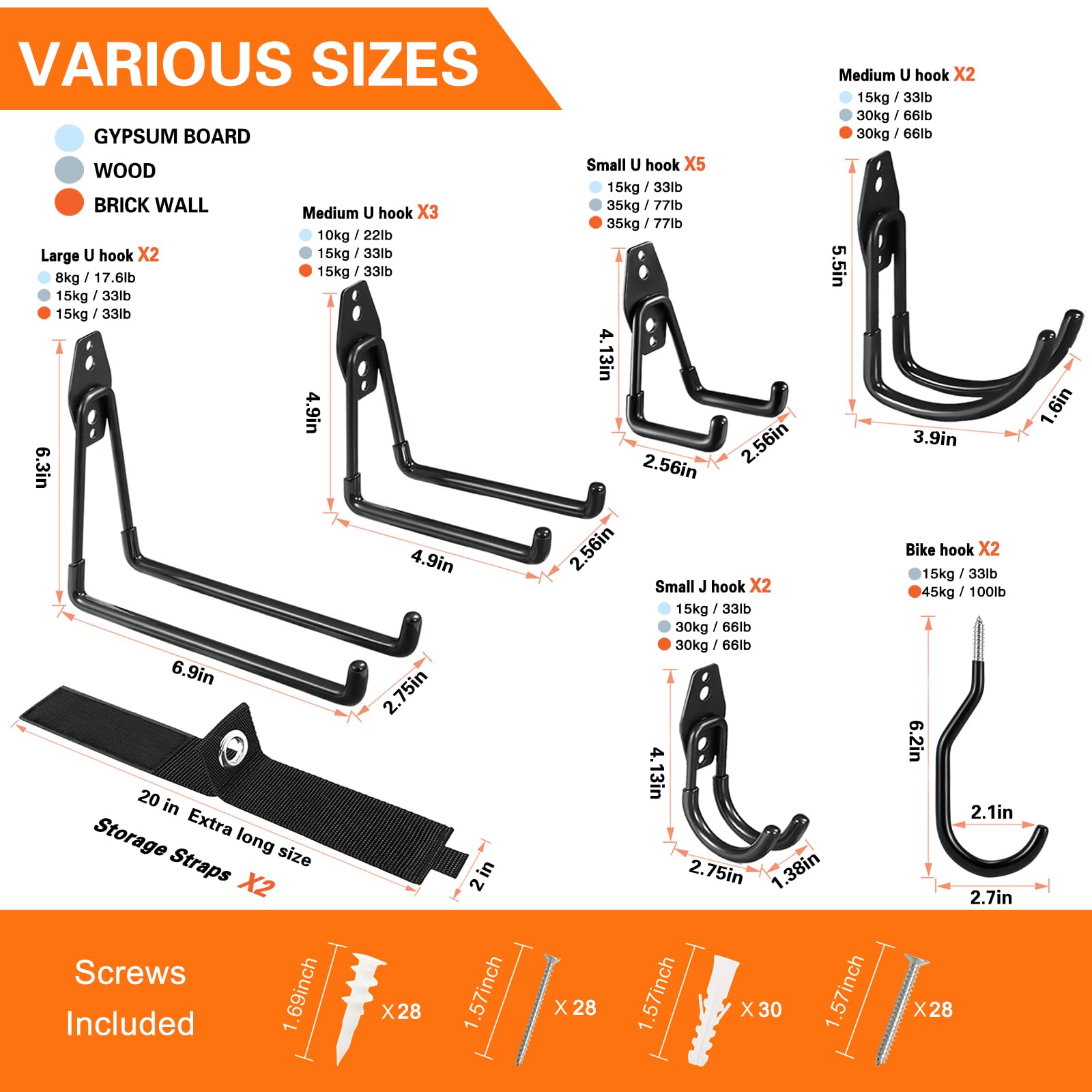 HUPBIPY heavy-duty steel garage hooks resist rust and provide stable storage.
