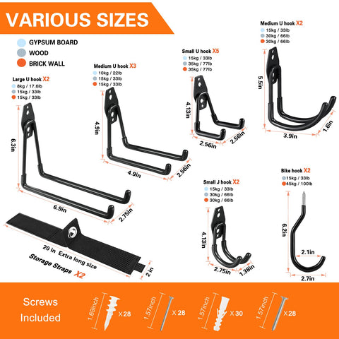 HUPBIPY heavy-duty steel garage hooks resist rust and provide stable storage.