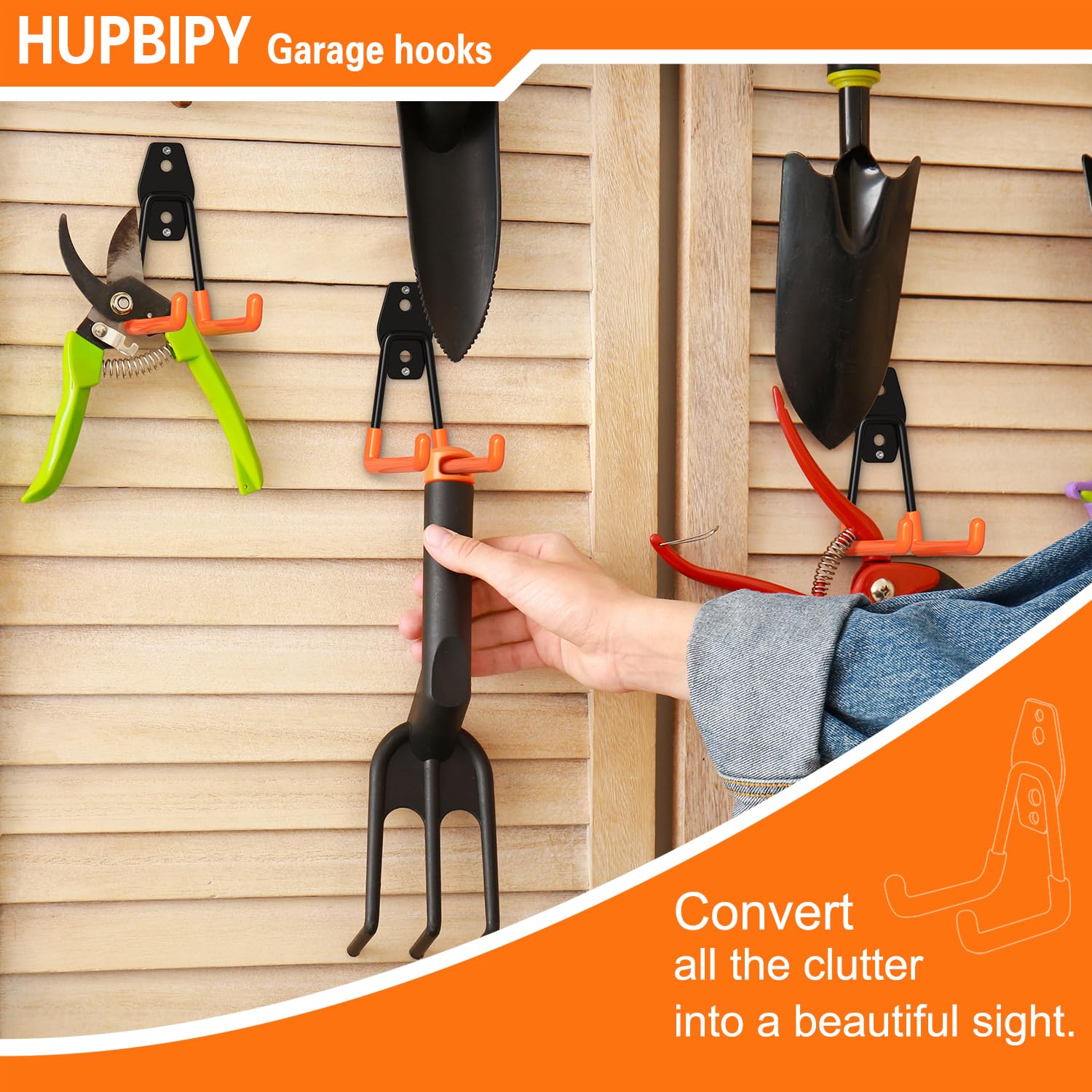 HUPBIPY rubber-coated hook prevents scratches while hanging garden tools.