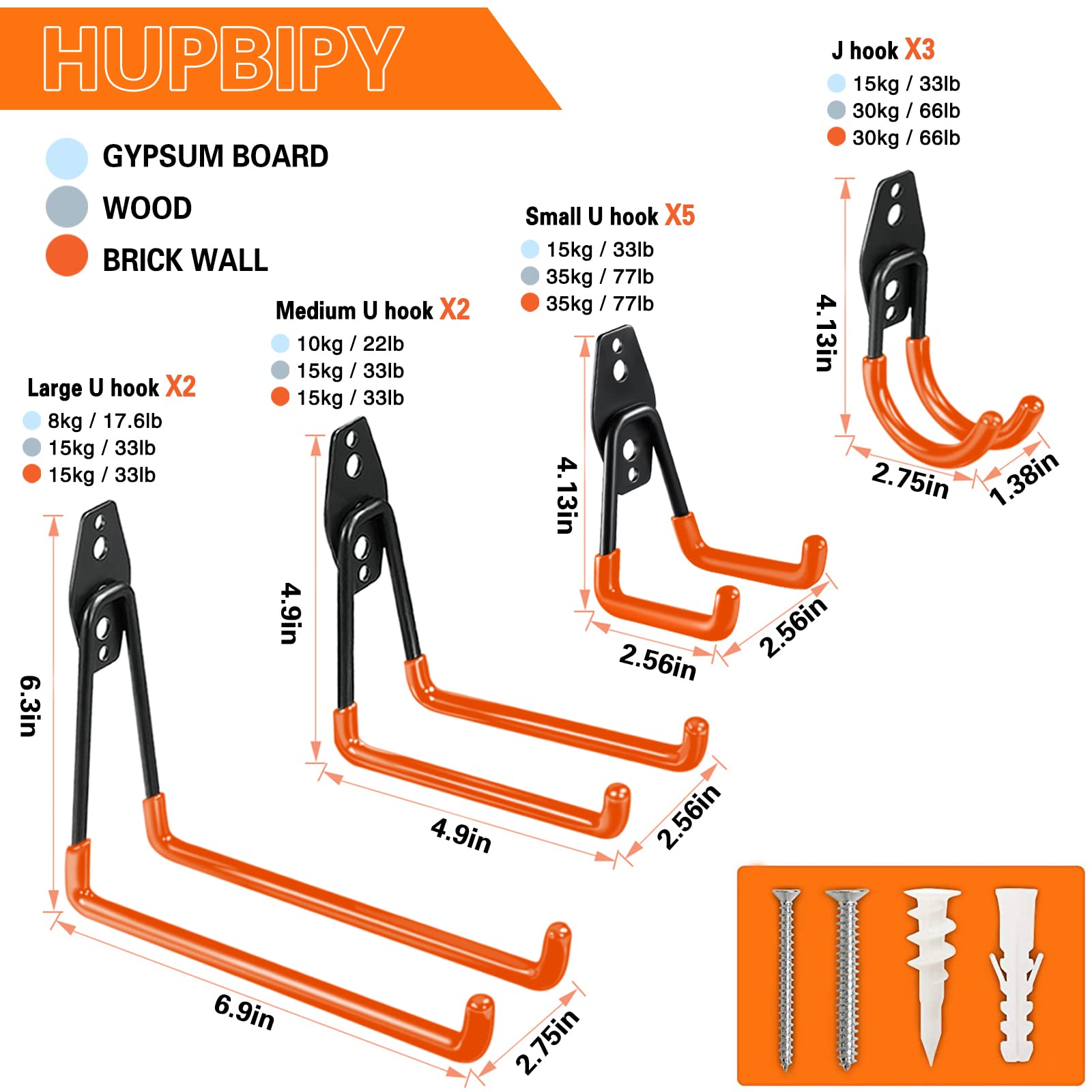 Heavy-duty steel HUPBIPY garage hooks set ready for ladders and power tools