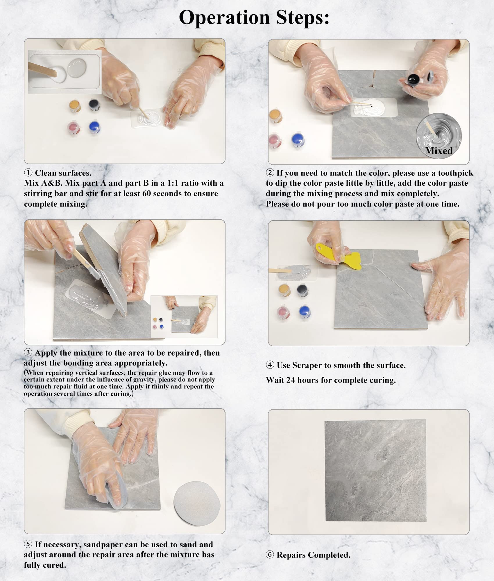 Hupeyna fiberglass shower repair kit fixing a chip on glossy tile.