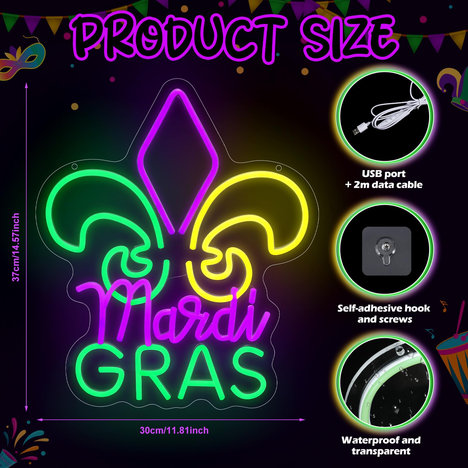 Huquary neon light showcases Mardi Gras colors, ideal for window displays and bar ambiance