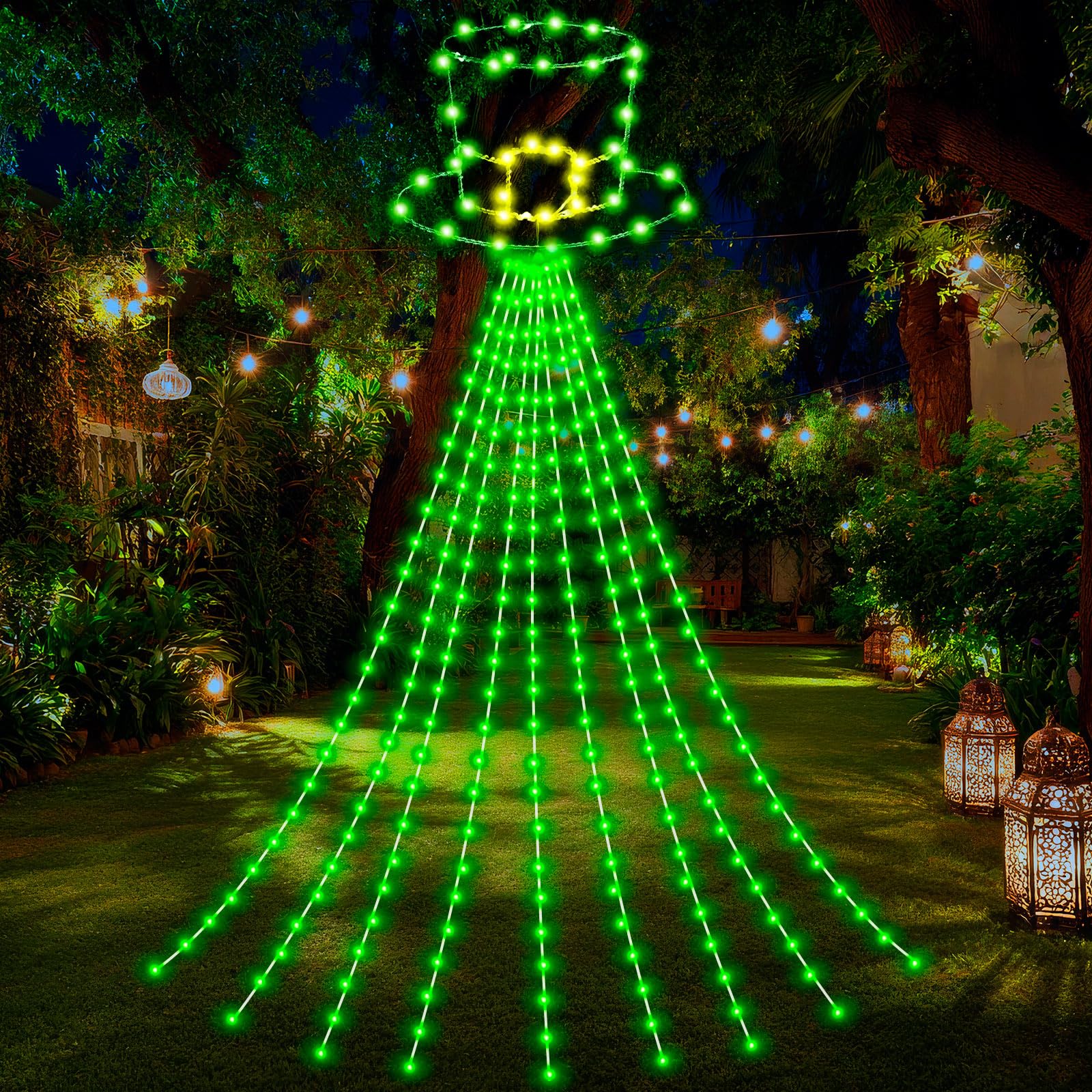 Huquary waterfall light with 320 LEDs and leprechaun hat centerpiece for outdoor celebrations
