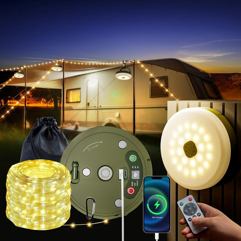 Hurimatan 33ft camping lights illuminate a tent with warm ambient glow.