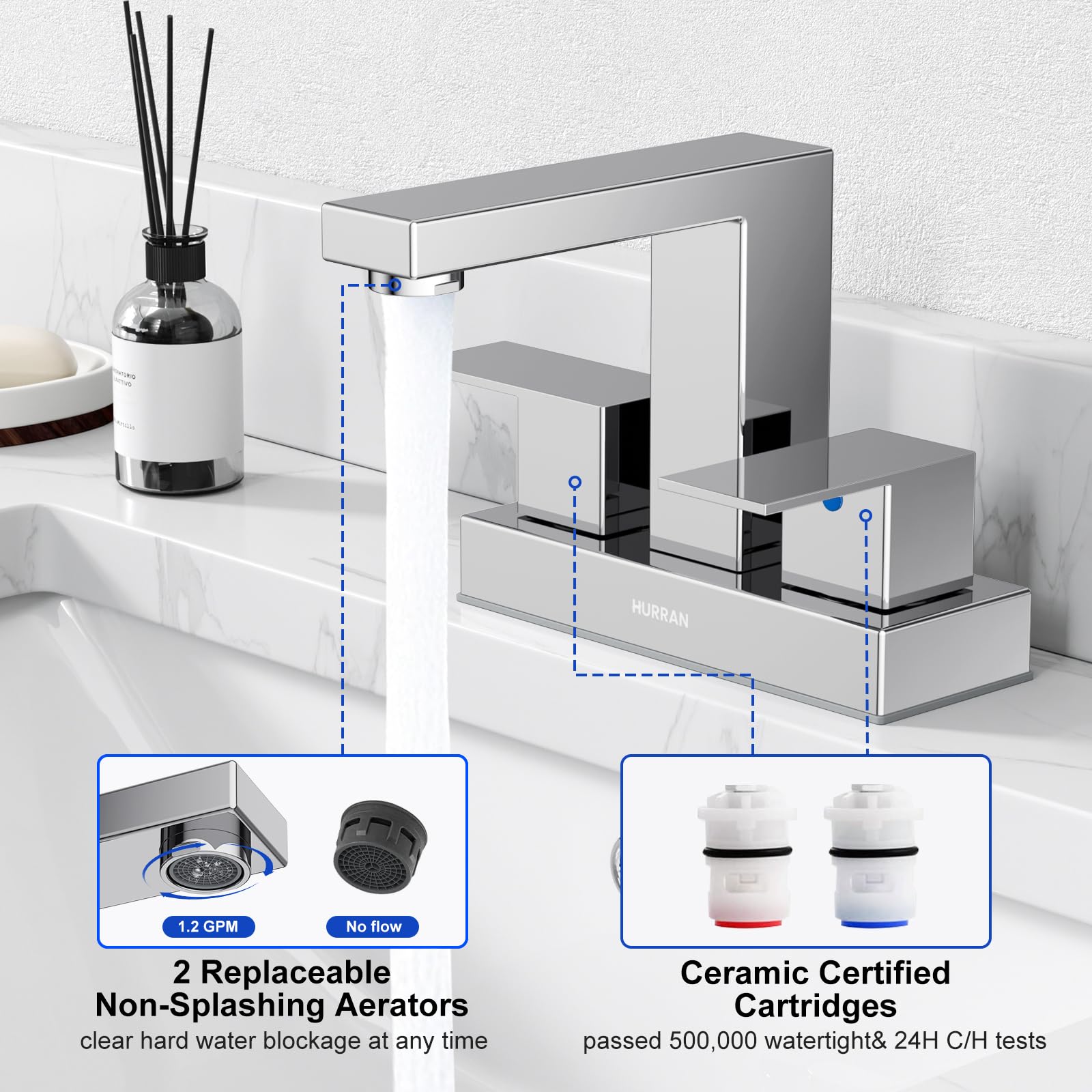 Hurran 24-inch supply lines for hot and cold water enable complete installation.