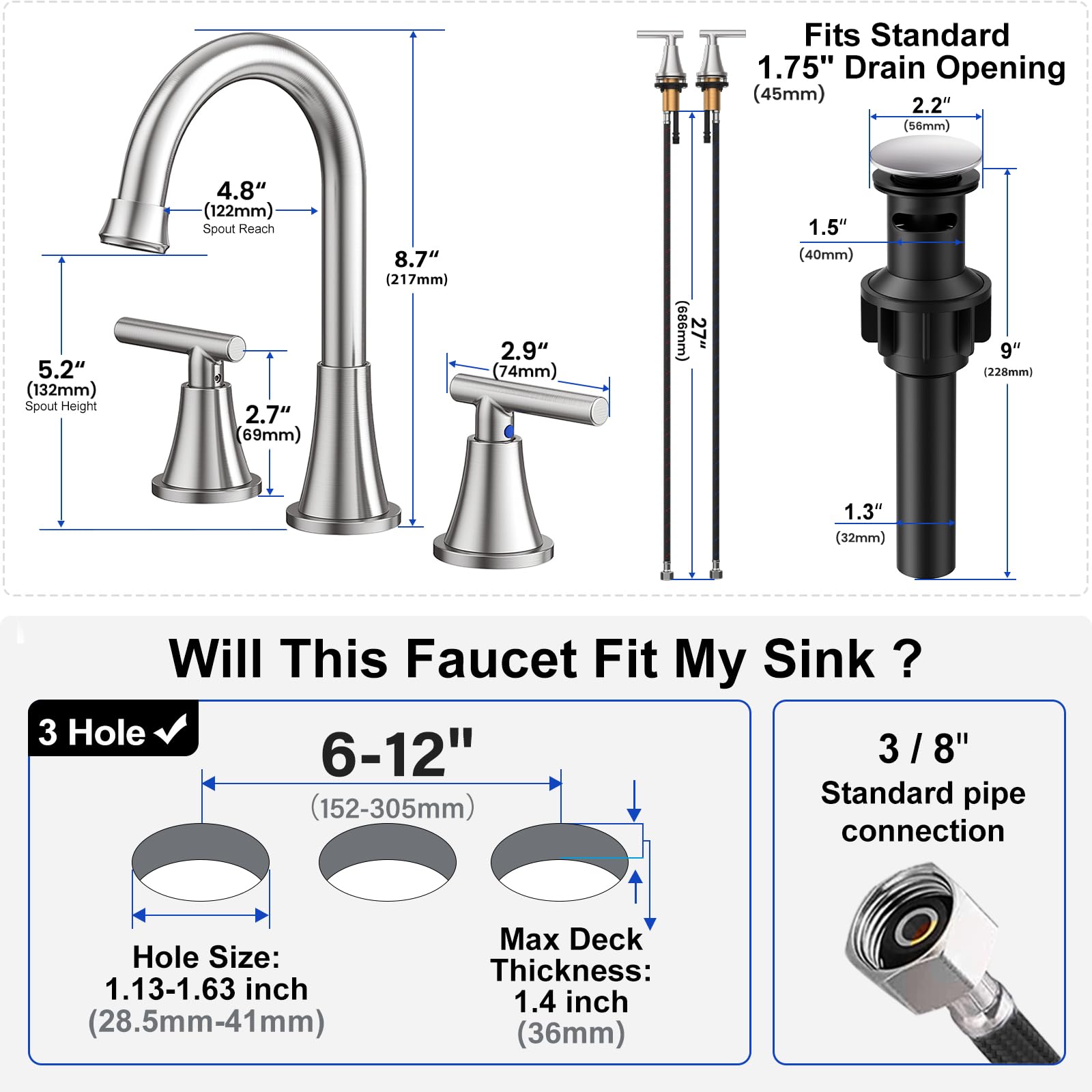 Hurran 27-inch preassembled supply lines simplify installation and reduce fittings.