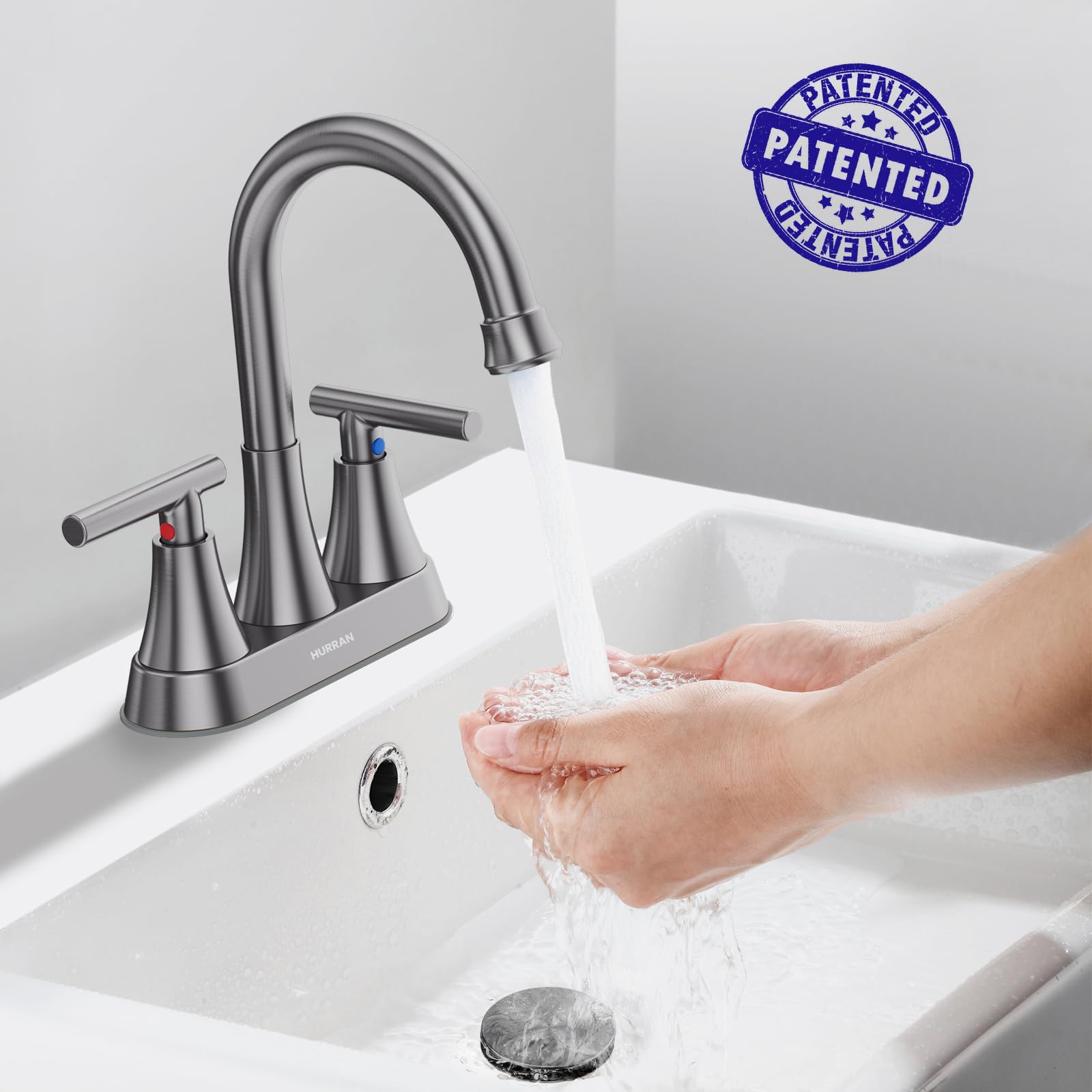 Hurran brushed grey faucet handles provide precise temperature control.