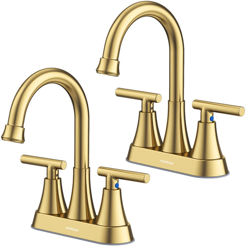 Hurran 4-inch brushed gold faucet front view, water-efficient design for vanity spaces