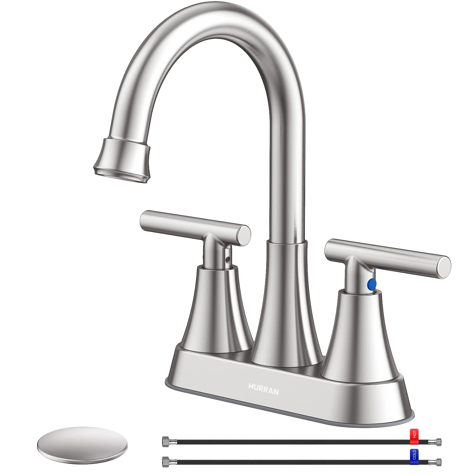 Hurran 4-inch centerset brushed nickel faucet with pop-up drain for daily use.
