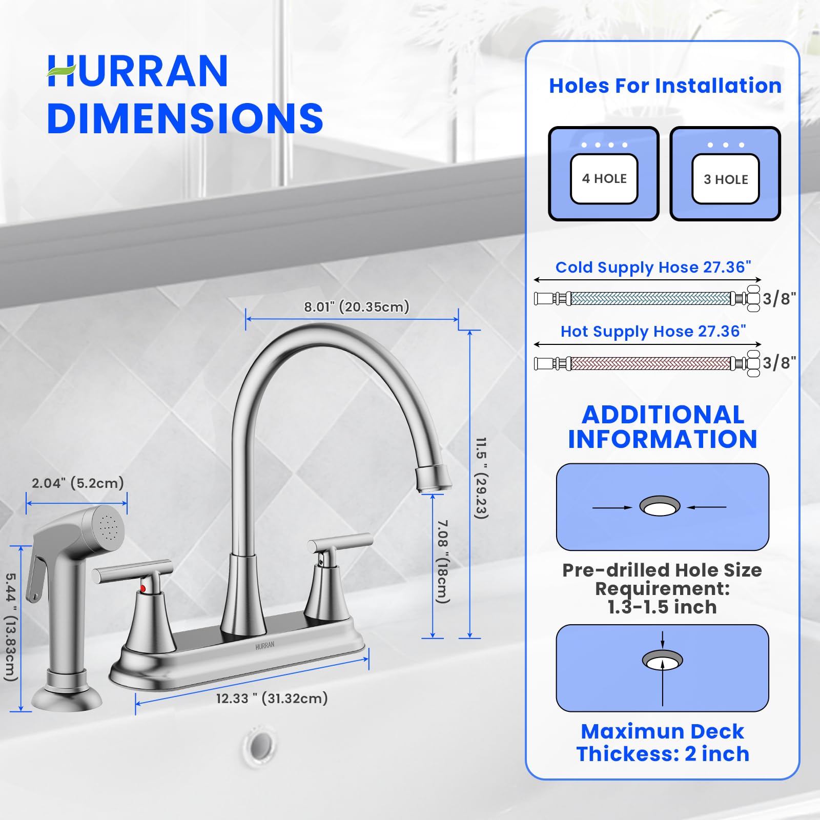 HURRAN 8-inch high-arch faucet with 360-degree swivel for flexible tasks.