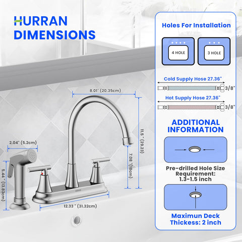 HURRAN 8-inch high-arch faucet with 360-degree swivel for flexible tasks.