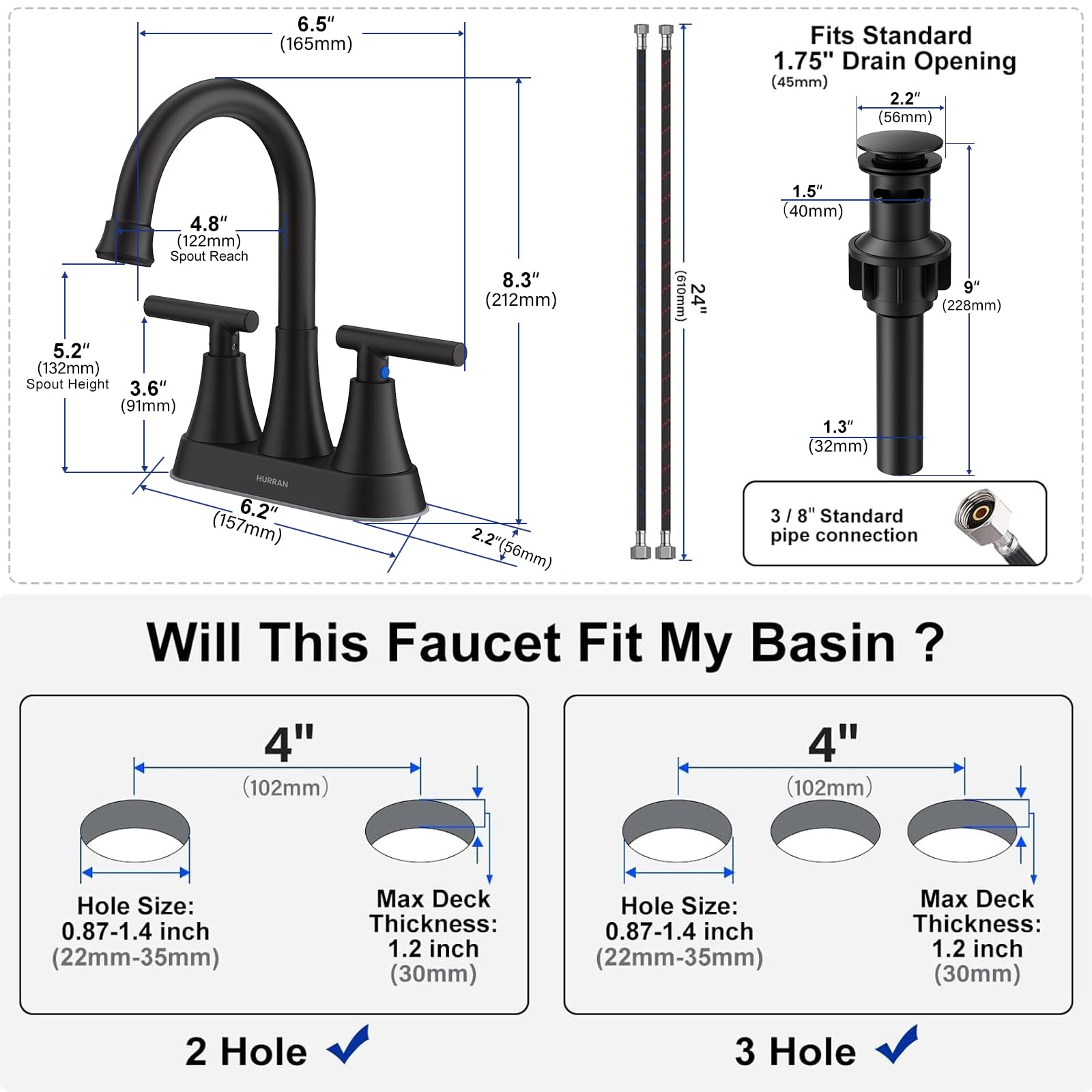 Hurran 90-degree lever handles provide precise temperature control.