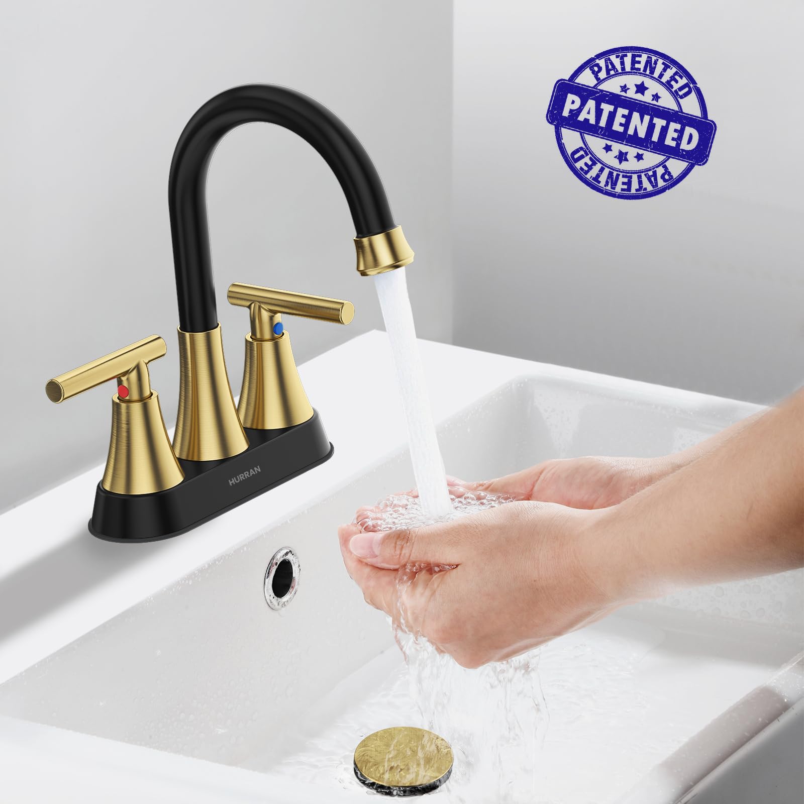 Hurran centerset faucet for 3-hole sinks simplifies installation on compact vanities.