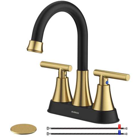 Hurran 4-inch black and gold faucet with pop-up drain enhances vanity style and daily usability.