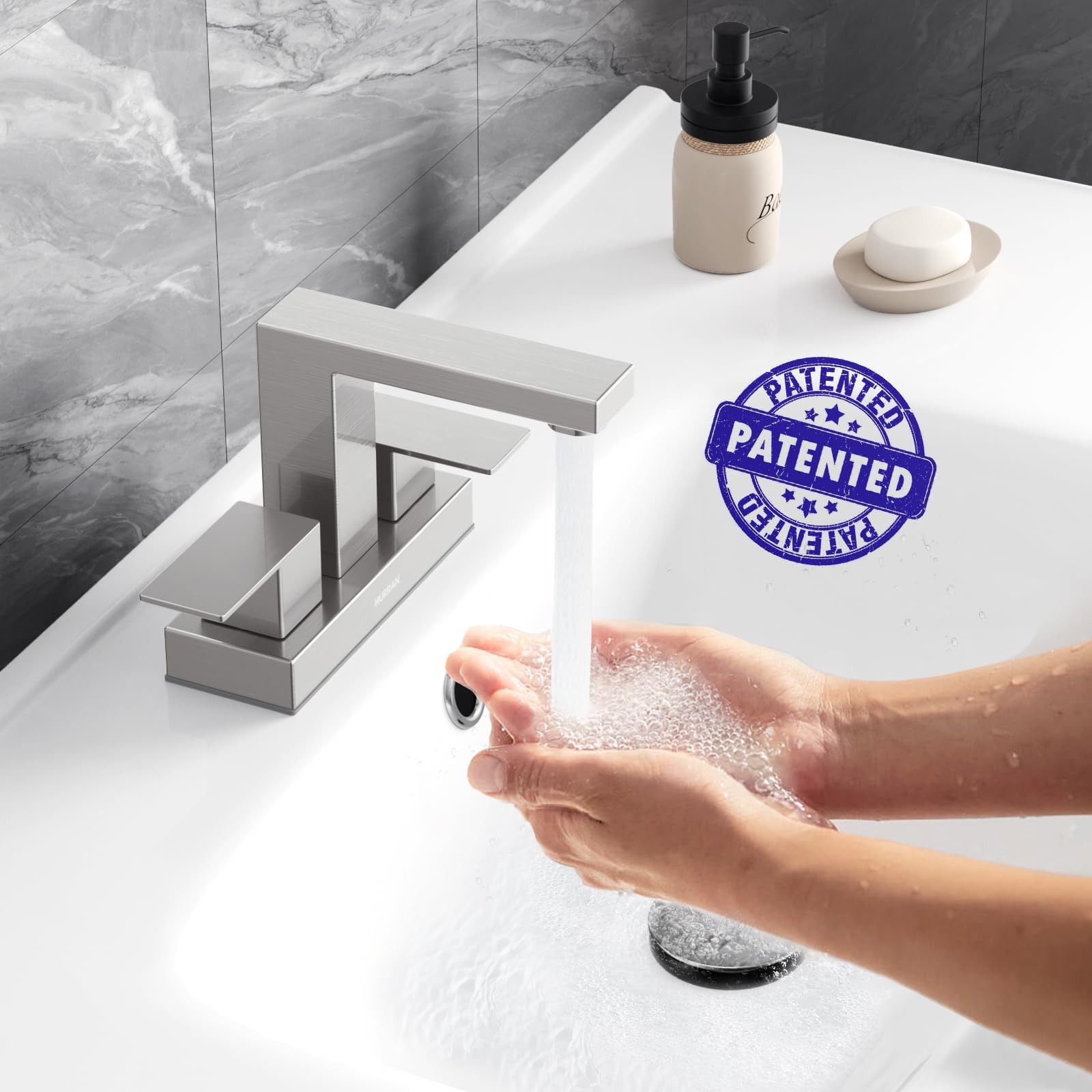 Hurran brushed nickel faucet front view with stylish, durable design