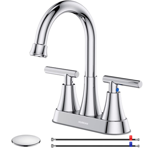 Hurran chrome 4-inch center-set faucet with dual handles, ideal for quick bathroom upgrades.