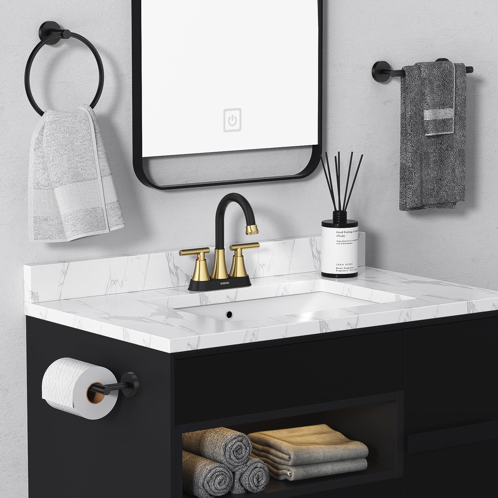Hurran matte black and brushed gold finish resists fingerprints and water spots.