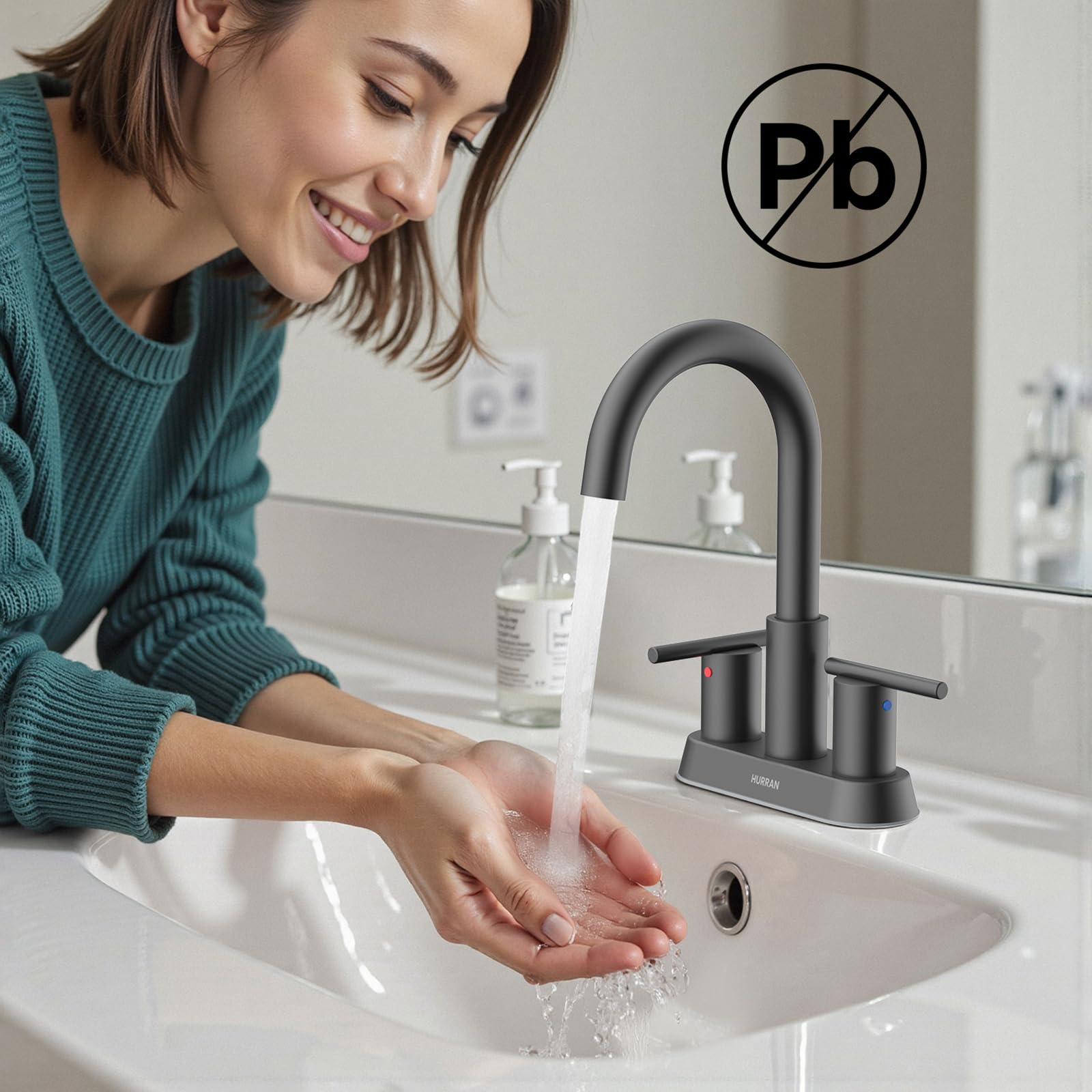 Hurran matte black faucet with pop-up drain for quick sink maintenance.
