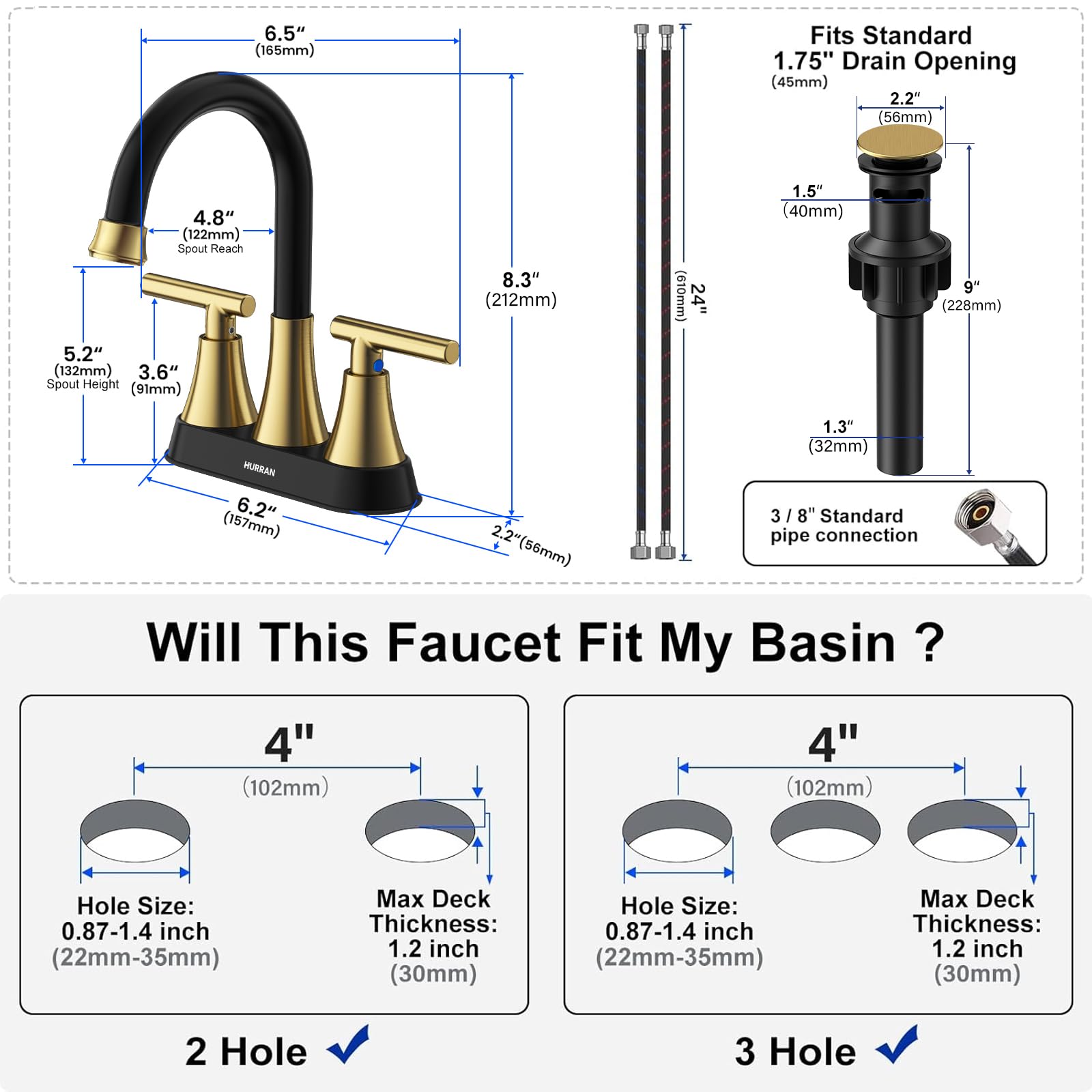 Hurran includes 24-inch supply lines for quick, tool-friendly installation.