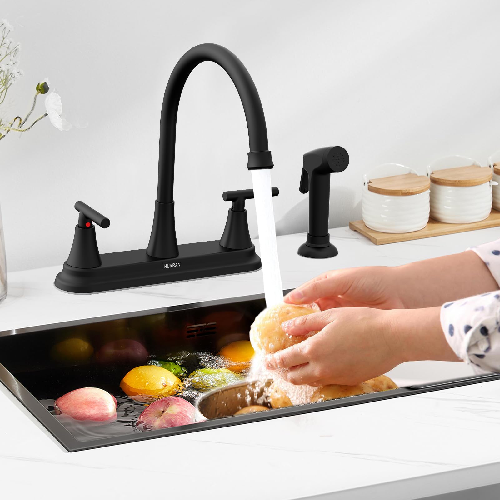 Hurran black finish faucet ideal for kitchen, bar, RV, and camper use.