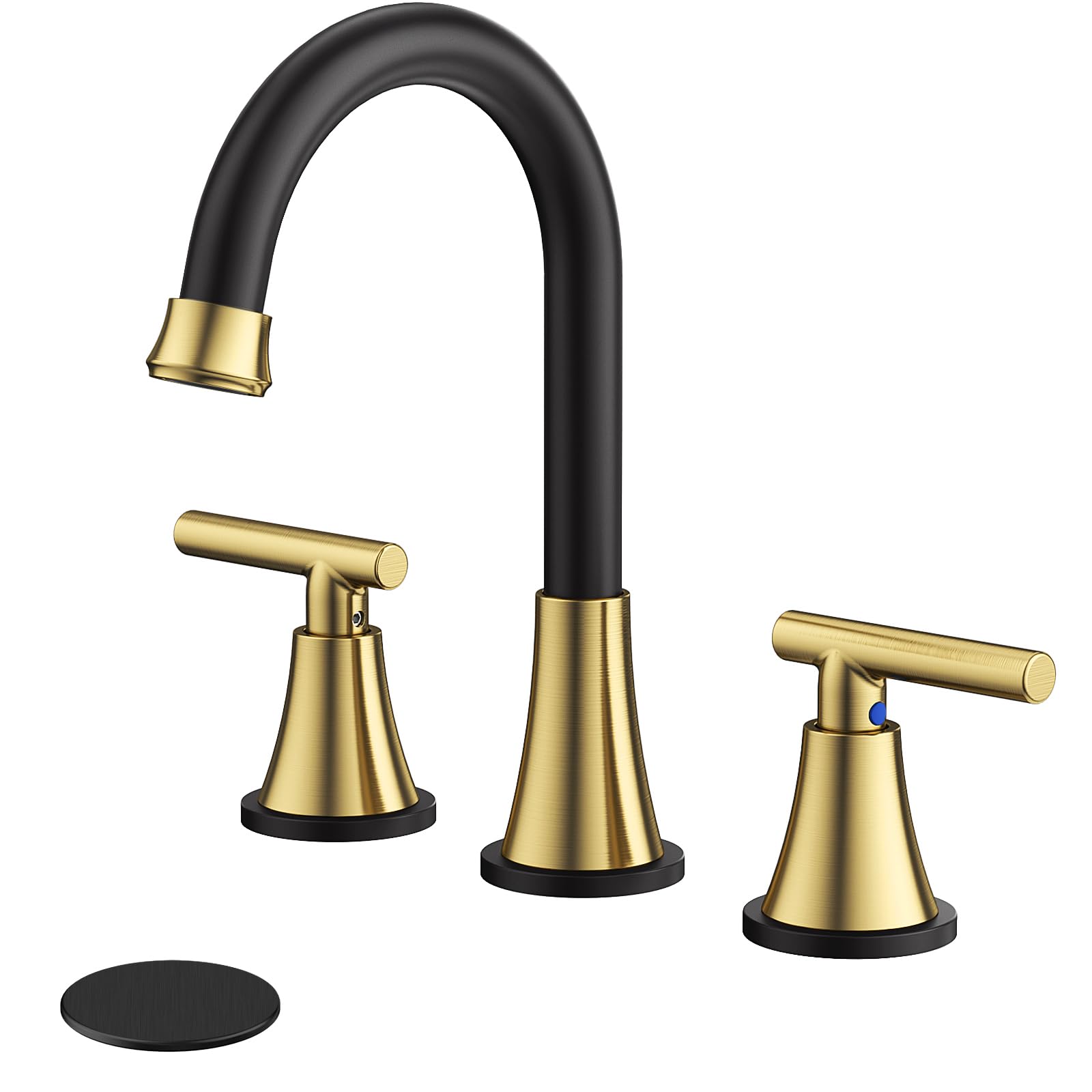 Hurran Black & Gold faucet front view, stylish widespread design for vanity