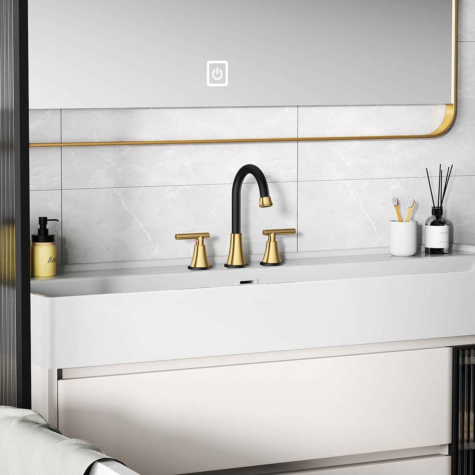 Hurran Black & Gold faucet on a sink enhances farmhouse-style spaces