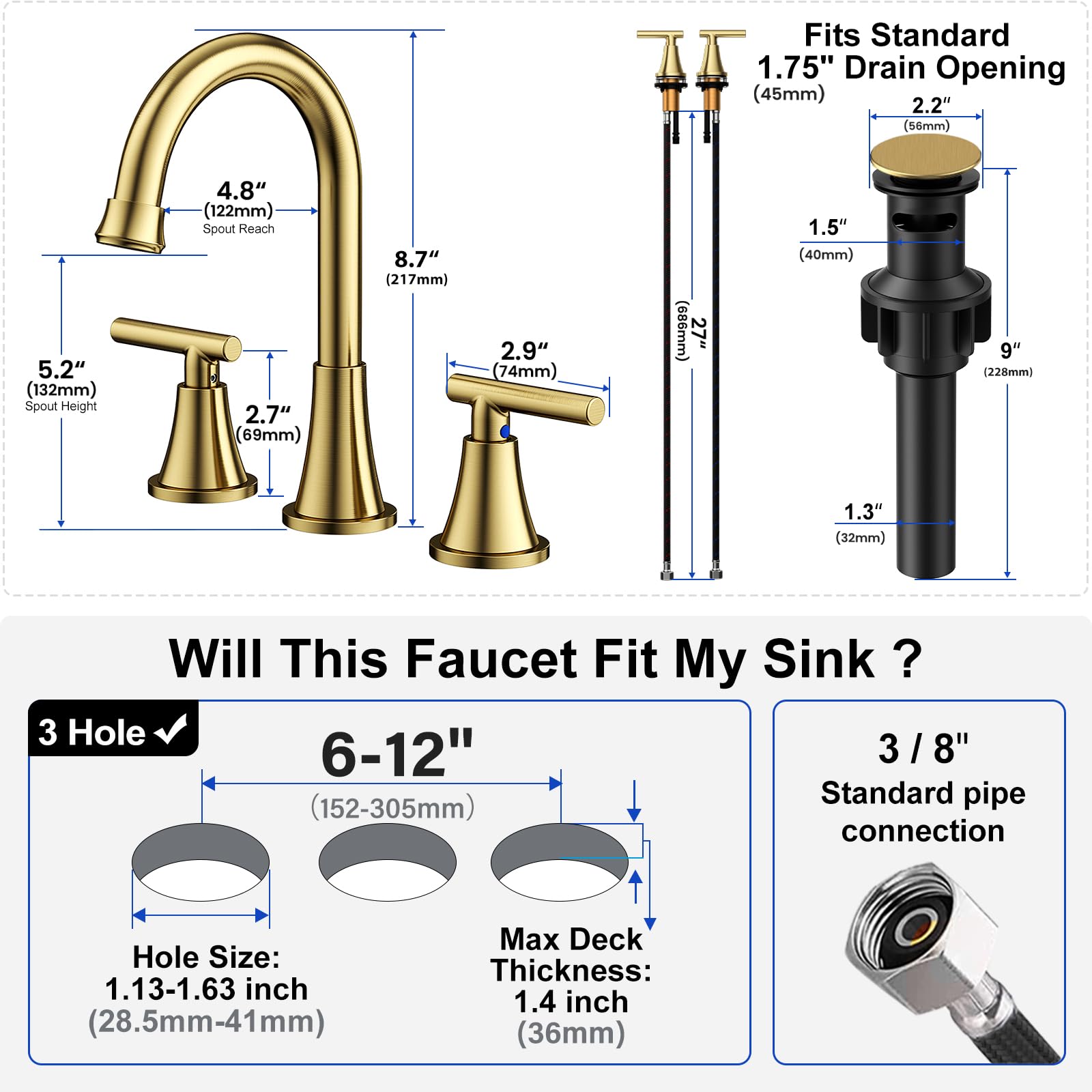 Hurran pop up drain with overflow matches brushed gold finish.
