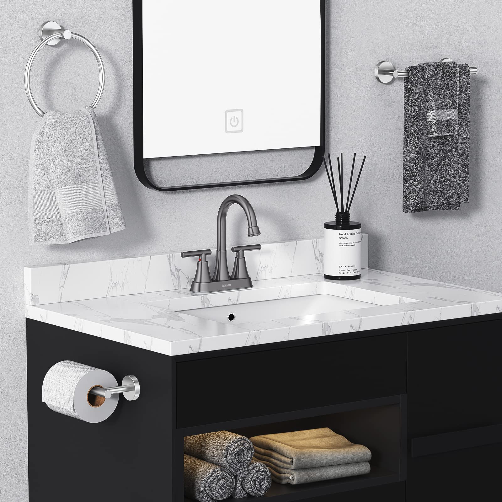 Hurran brushed grey finish resists fingerprints and water spots.