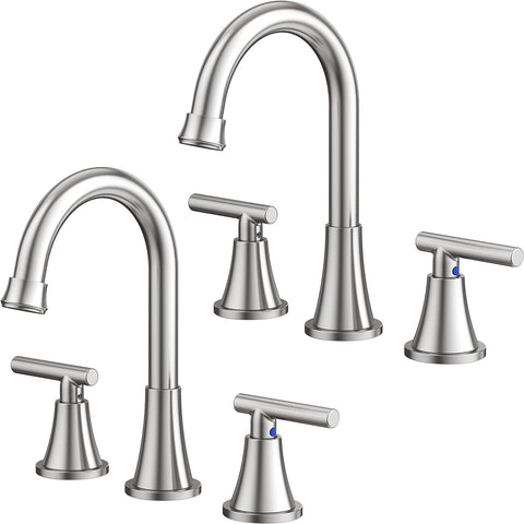 Hurran brushed nickel bathroom faucet pair on vanity for a stylish, durable upgrade.