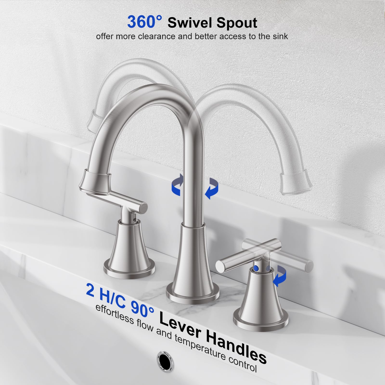 Hurran pop-up drain with overflow complements the faucet setup.
