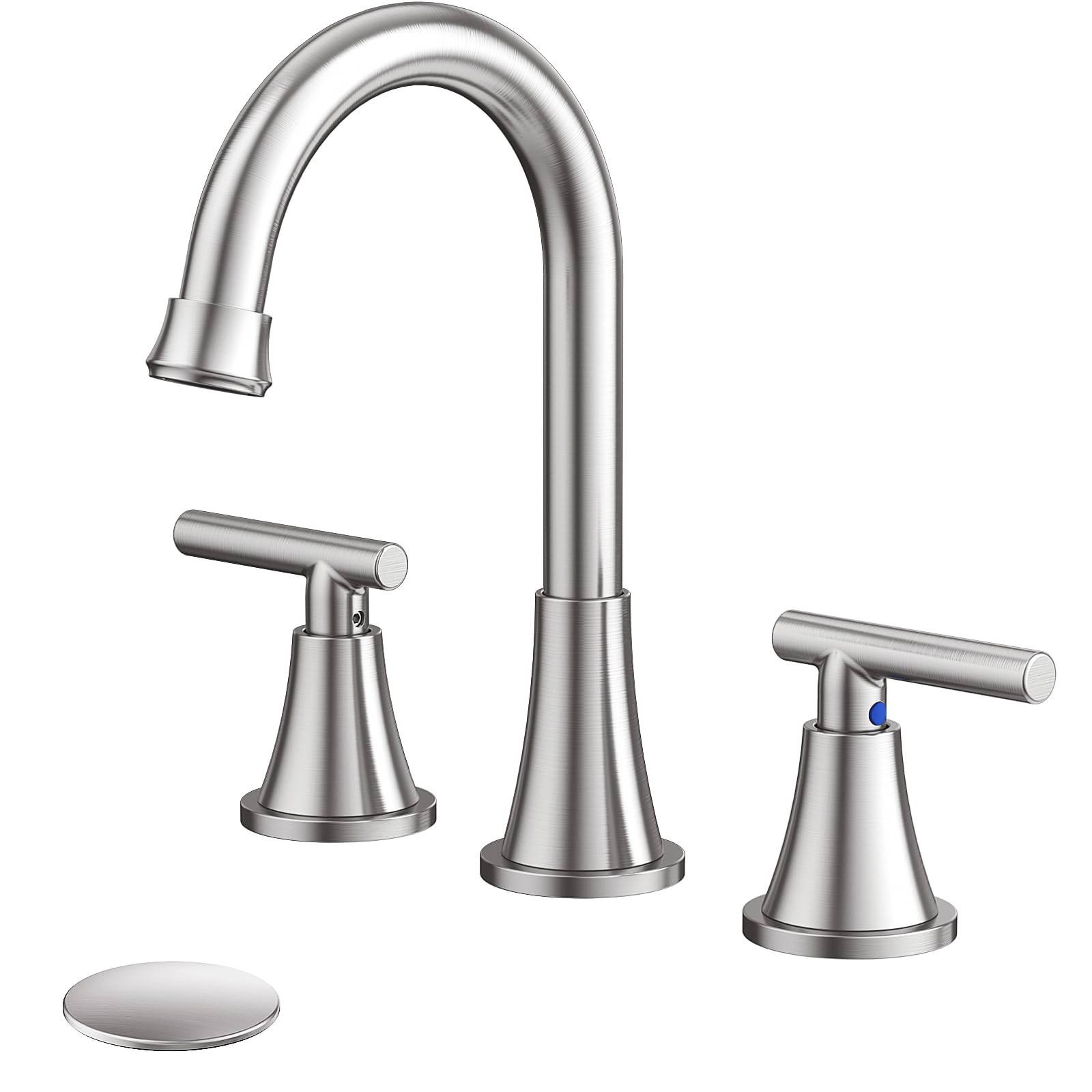 Hurran brushed nickel faucet spout provides ample reach for easy handwashing.