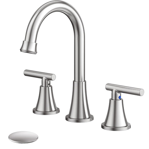 Hurran brushed nickel faucet spout provides ample reach for easy handwashing.
