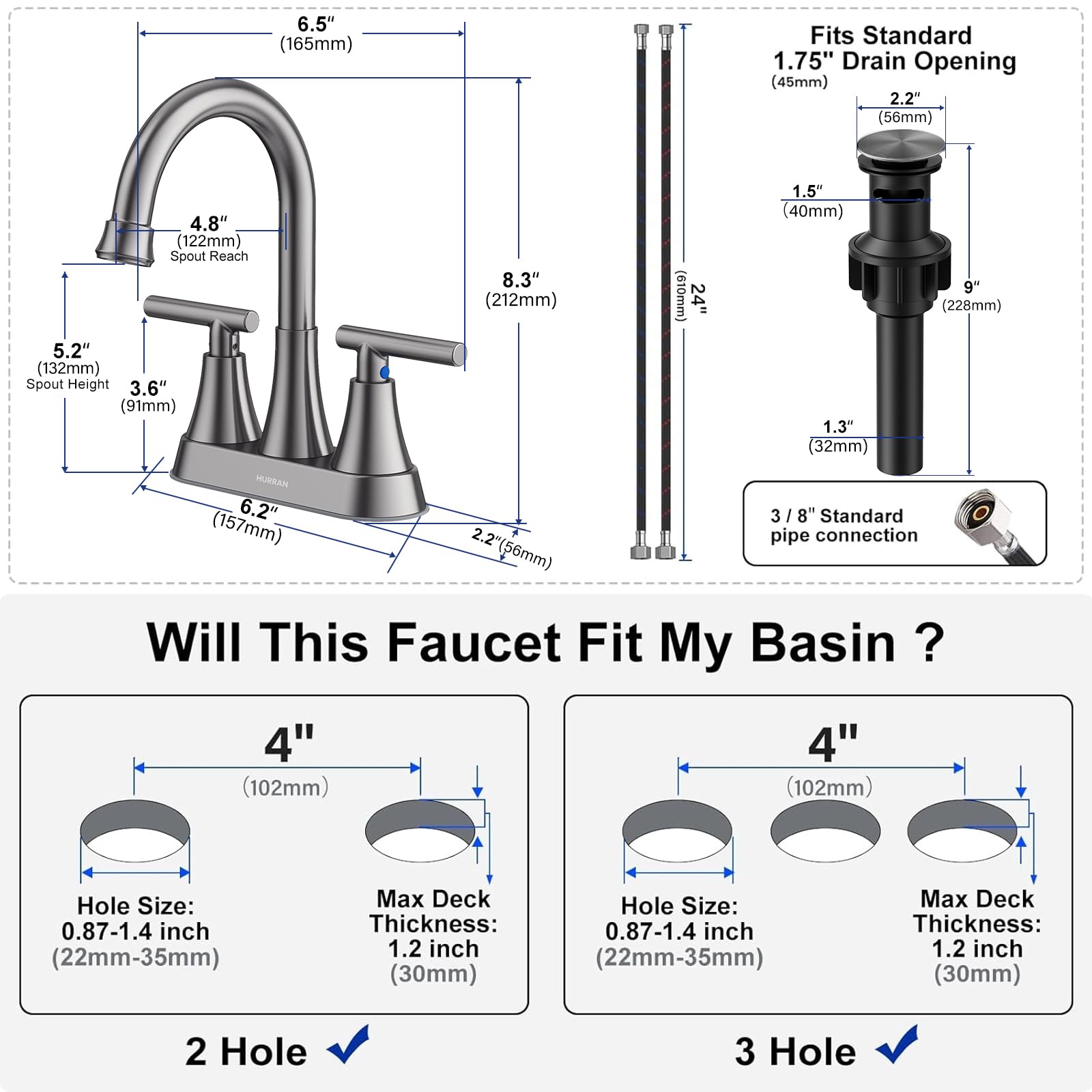Hurran 4-inch centerset design fits 3-hole sinks.