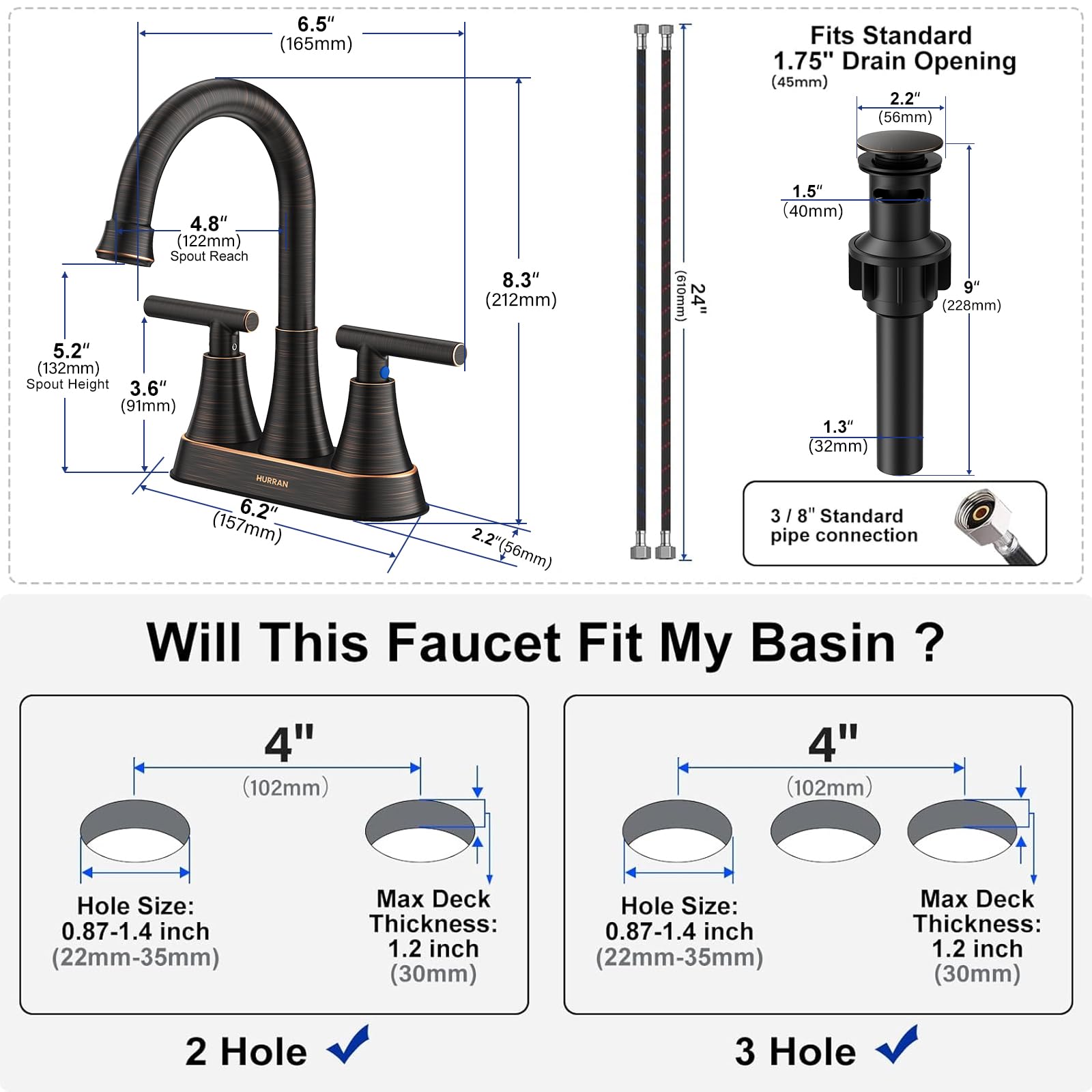 Hurran ceramic cartridge two-handle control for precise temperature