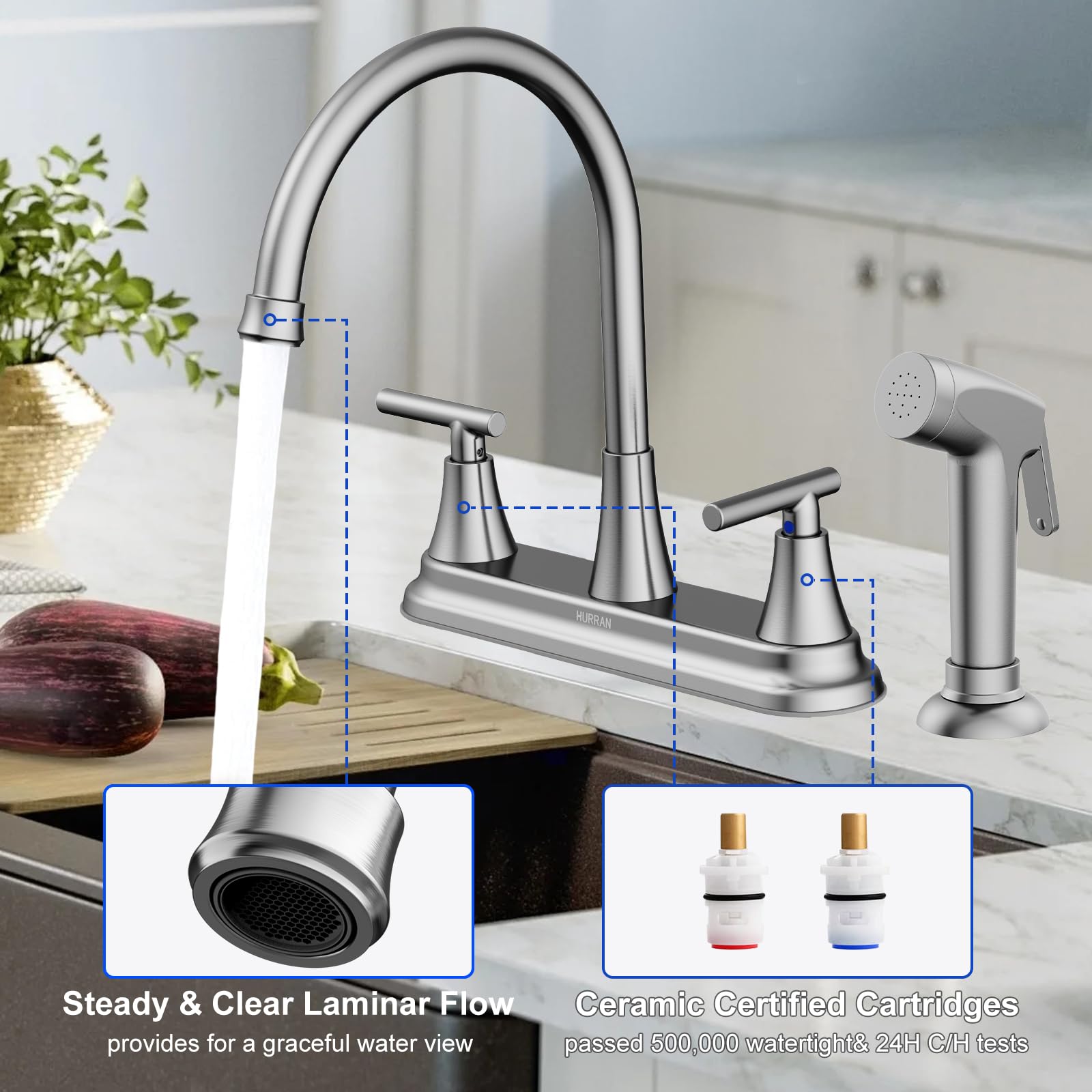 HURRAN easy installation for 8-inch four-hole sinks with step-by-step guidance.
