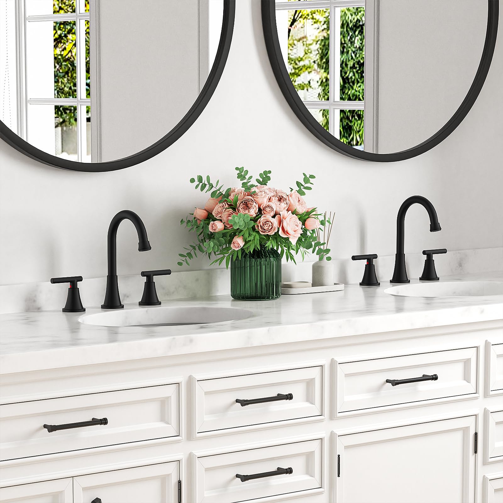 Two-handle design offers smooth, drip-free temperature control
