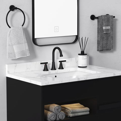 Hurran faucet installed showing adjustable 6-12 inch spread