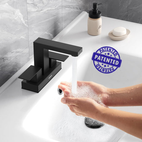 Hurran matte black faucet pop-up drain with overflow for convenient bathroom maintenance.