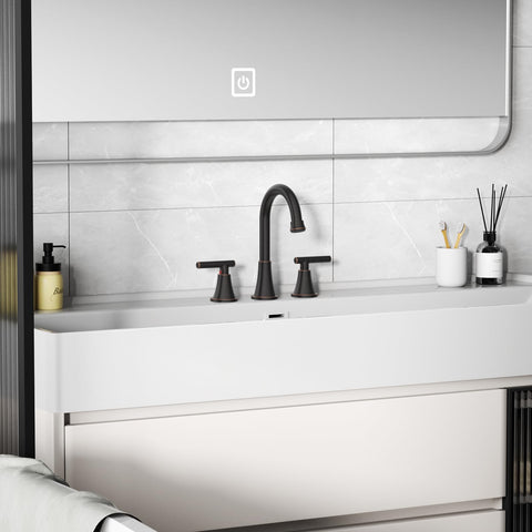 Hurran 3-hole faucet being assembled with quick-connect system visible.