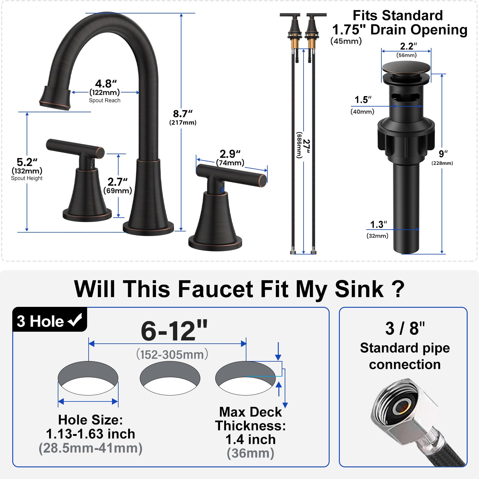 Hurran oil rubbed bronze 3-hole faucet with dual handles for smooth operation.