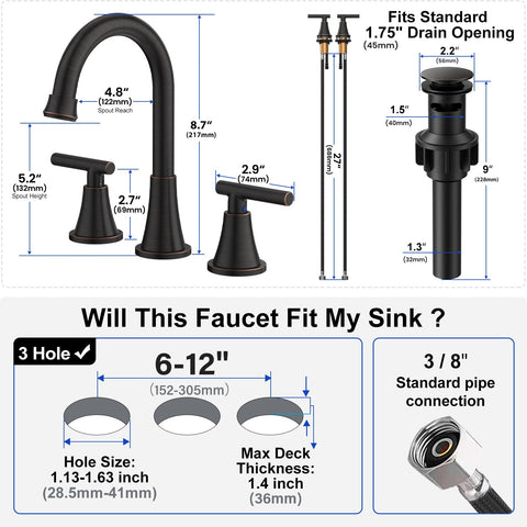 Hurran oil rubbed bronze 3-hole faucet with dual handles for smooth operation.