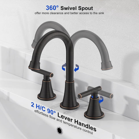 Hurran 3-hole faucet with swivel spout in oil rubbed bronze, full range movement.