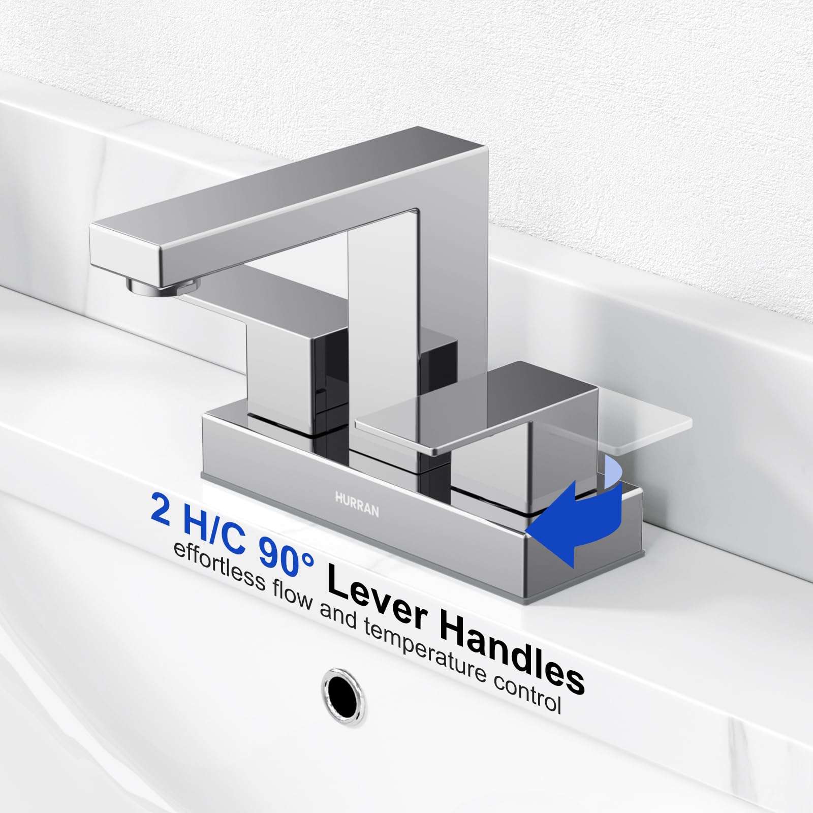 Hurran pop-up drain with overflow prevents spills and matches chrome finish.