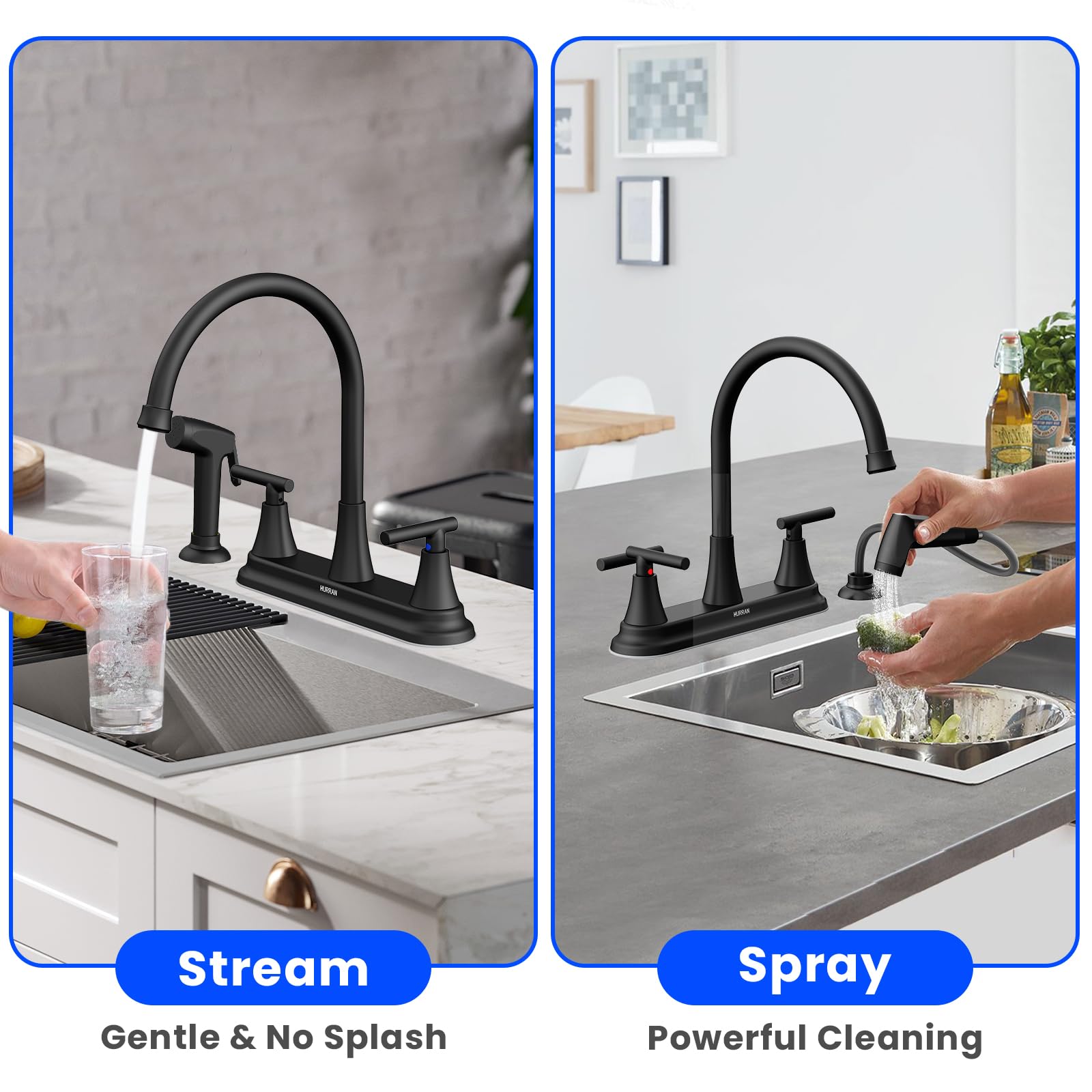 Hurran pull-out sprayer extends to reach corners for sink cleaning.