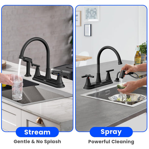 Hurran pull-out sprayer extends to reach corners for sink cleaning.