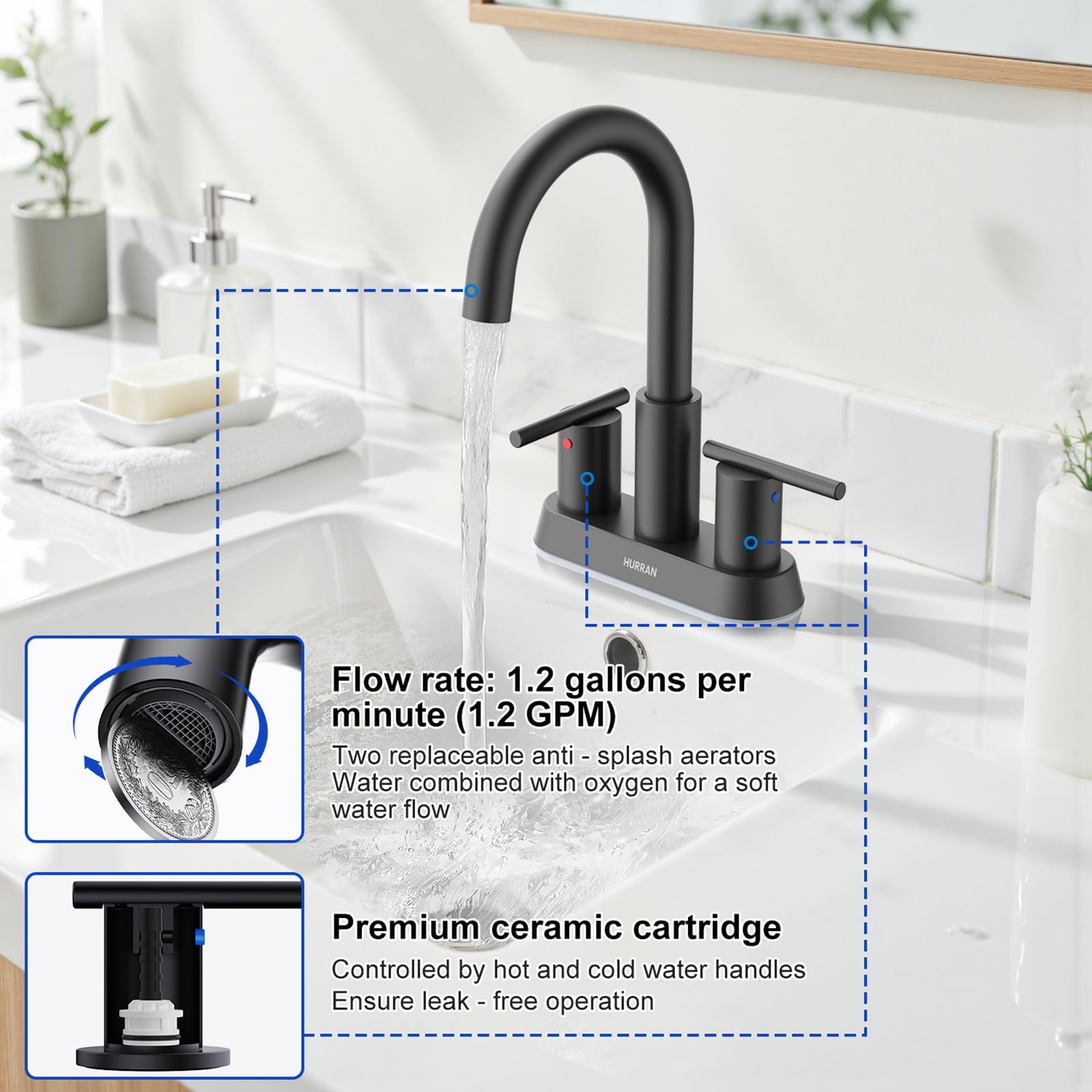 Hurran rotatable gooseneck spout adds reach for thorough rinsing.