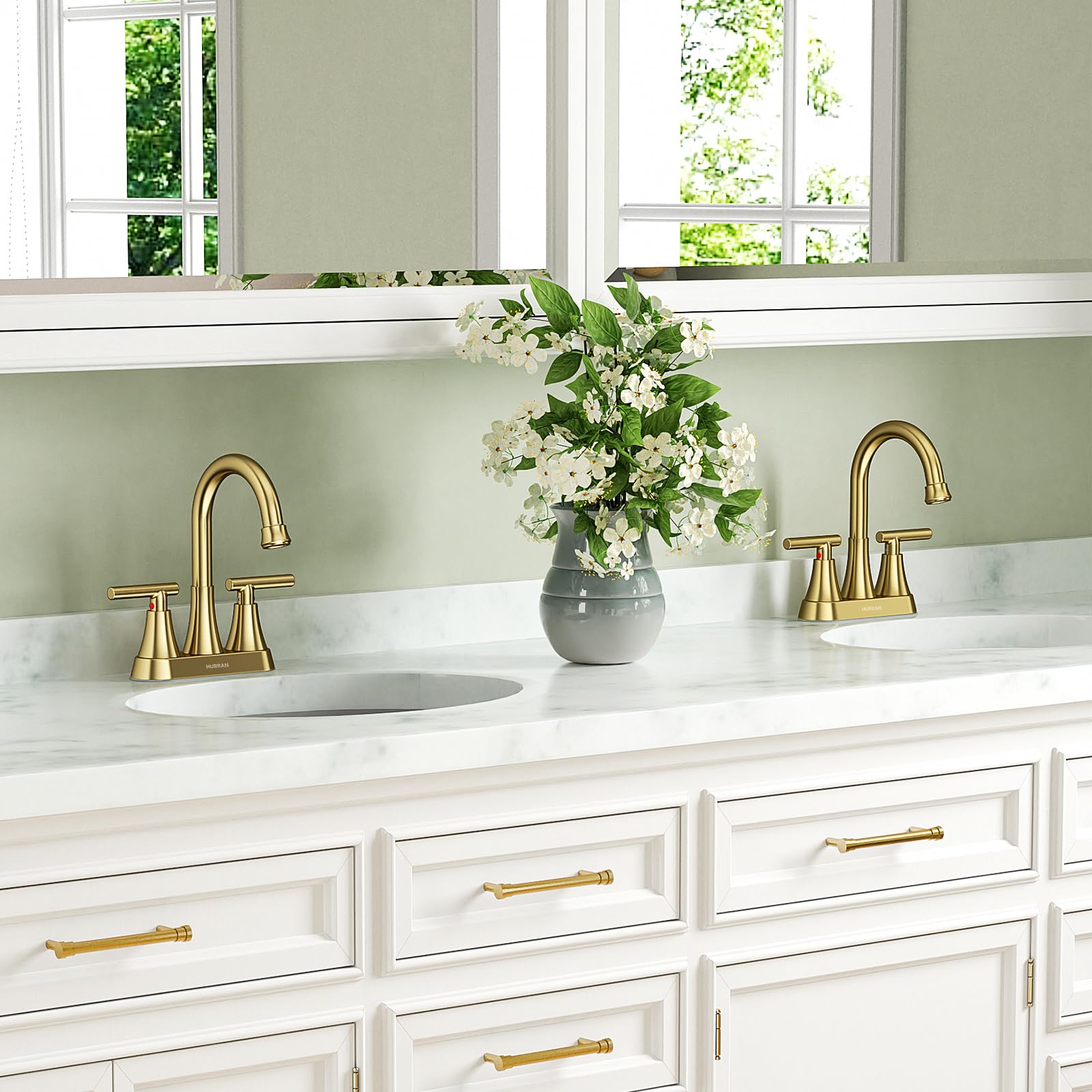 Hurran rv-friendly bathroom faucet in brushed gold finish.