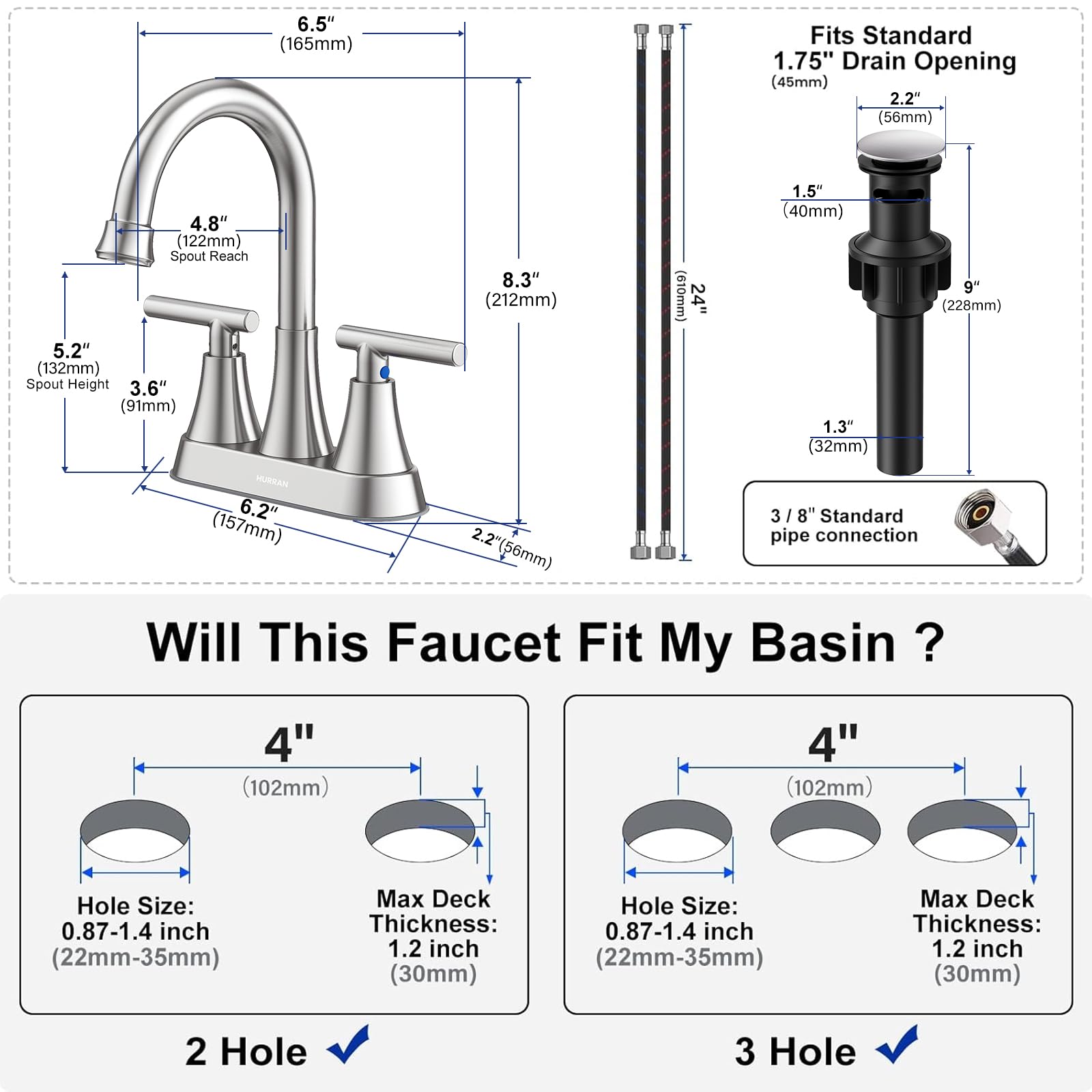 Hurran 360-degree swivel spout provides ample sink space.